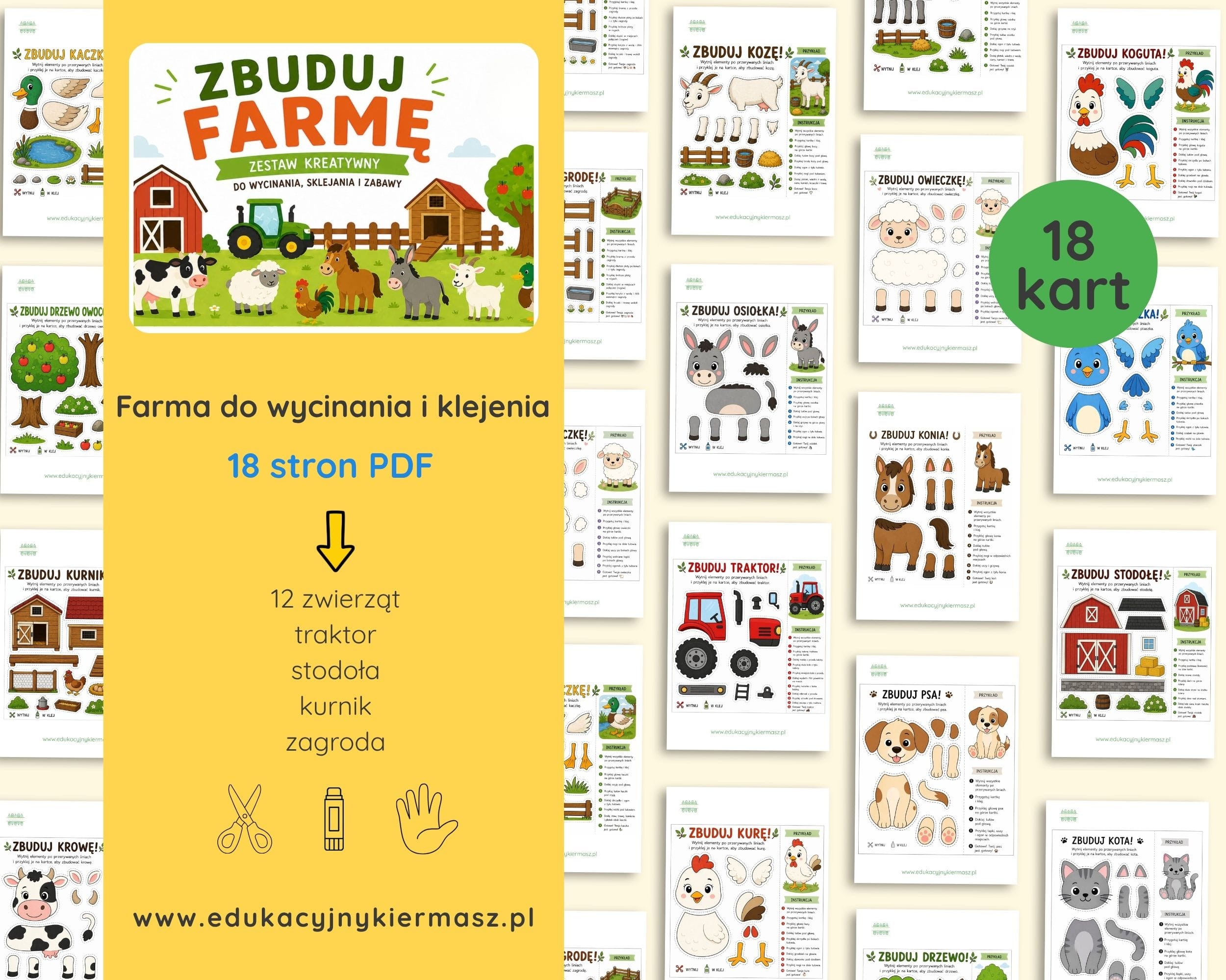 Farma do wycinania i klejenia – karty pracy PDF | zwierzęta, traktor, stodoła